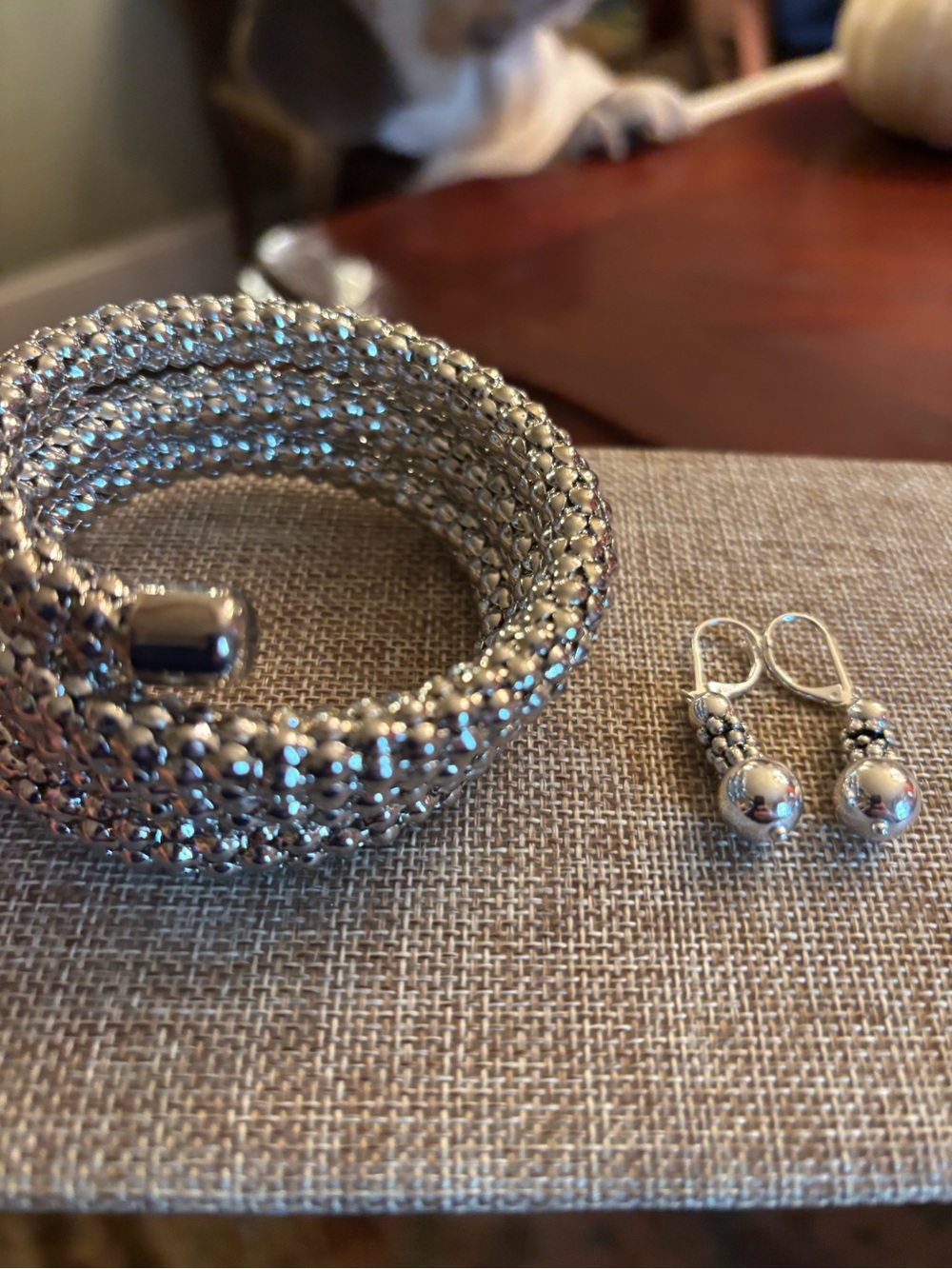 Silver Crystal Coil Bracelet and Drop Earrings Set